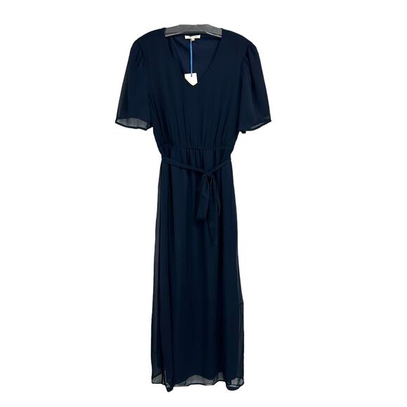 NWT Tea n Rose Navy Chiffon Short Sleeve Belted Maxi Dress Small - Picture 1 of 5